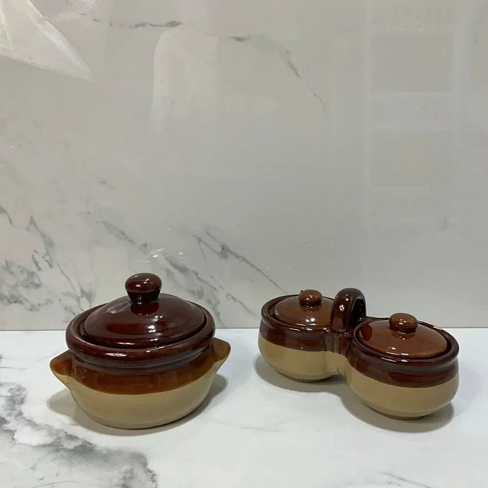 VINTAGE Taiwan Pottery Soup Crock and Double Condiment Bowls With Lids